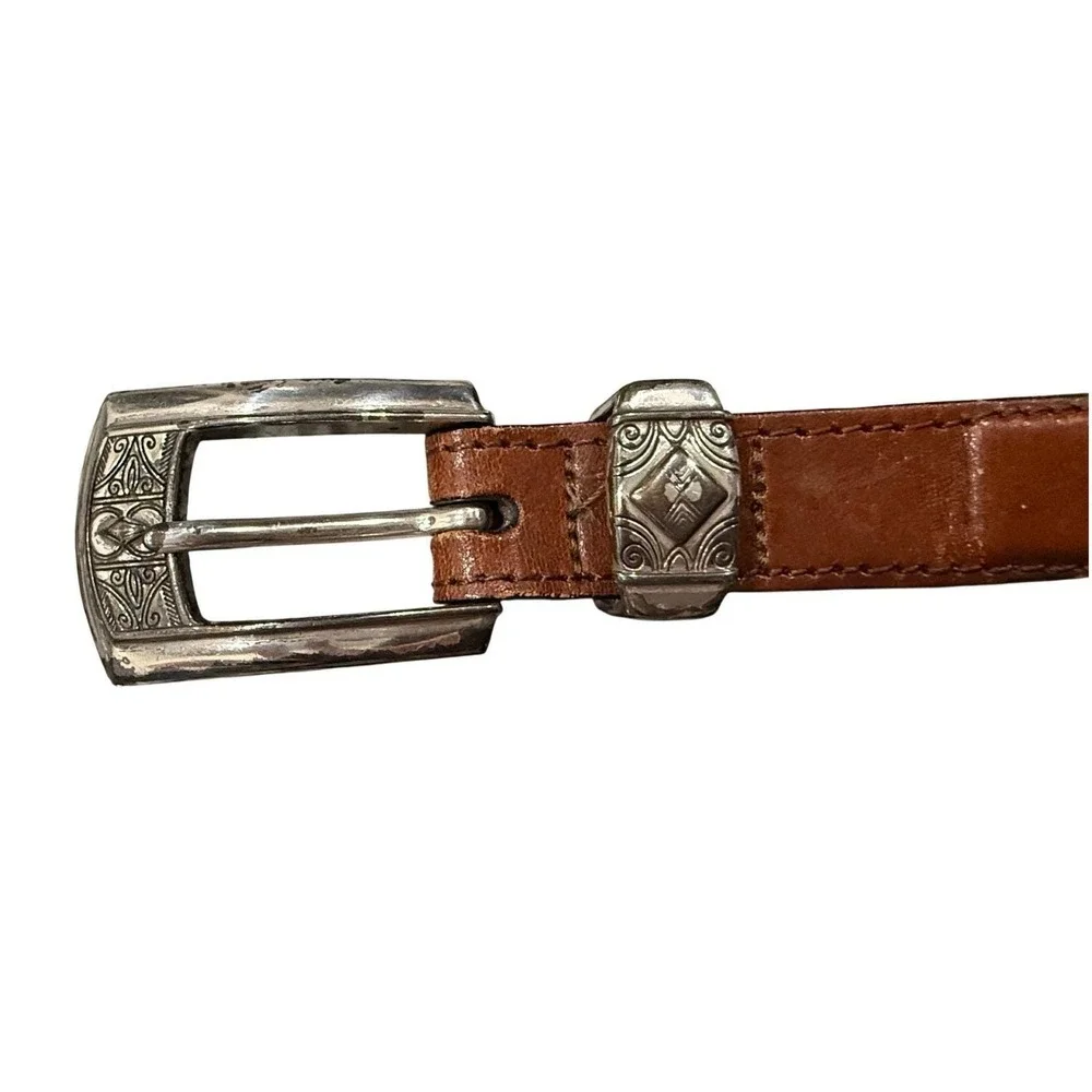 Brighton Brown Braided Leather‎ Belt Silver Engraved Buckle Southwestern Size 32